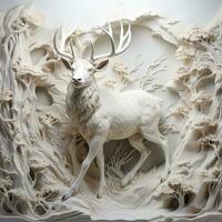 A close-up photo of a reindeer low relief sculpture on a snowy white background with empty space for text