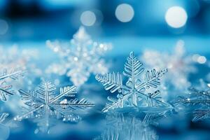 A close-up shot captures intricately detailed snowflakes resting gently on a shimmering icy blue surface photo