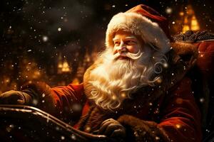 Santas sleigh glides over a starry winter night spreading magic and joy with every twinkling light photo