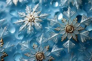 A close-up shot captures intricately detailed snowflakes resting gently on a shimmering icy blue surface photo