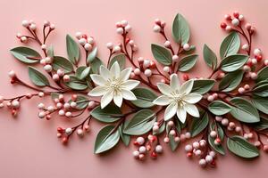 A close-up shot of mistletoe low relief on a soft blush pink background adds elegance to holiday decor photo