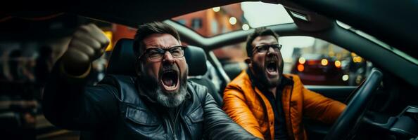 Two drivers sitting in their cars shouting and gesturing angrily against a backdrop of busy city streets background with empty space for text photo