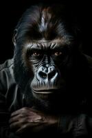 A close-up photo of a fierce and intense gorilla staring into the distance background with empty space for text