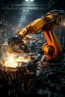 Robotic arms frozen mid-motion sparks flying as a malfunctioning machine wreaks havoc in an industrial factory photo