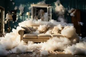 A chaotic living room with overturned furniture fur flying and background with empty space for text photo