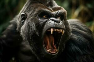 Close-up of a furious gorilla baring its teeth and glaring intensely in the wild photo