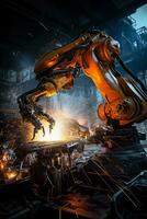 Robotic arms frozen mid-motion sparks flying as a malfunctioning machine wreaks havoc in an industrial factory photo