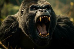 Close-up of a furious gorilla baring its teeth and glaring intensely in the wild photo