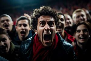 A crowd of furious fans at a soccer game their intense expressions highlighted against a background with empty space for text photo