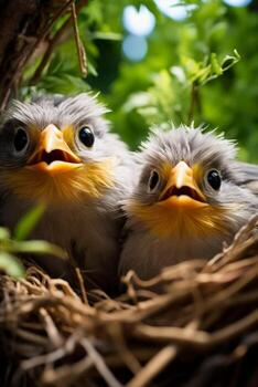 Fierce-looking angry birds fiercely guarding their nests in a lush natural setting background with empty space for text photo