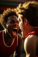 Close-up of a red-faced athlete shouting and pointing aggressively at a rival player expressing intense anger during a competitive game photo