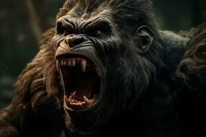 Close-up of a furious gorilla baring its teeth and glaring intensely in the wild photo