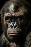 A close-up photo of a fierce and intense gorilla staring into the distance background with empty space for text