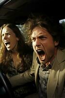 A close-up of two frustrated drivers one male and one female yelling at each other through car windows photo