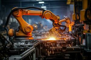 A malfunctioning robotic arm sparks chaos in an automated factory symbolizing the risks of advancing technology photo