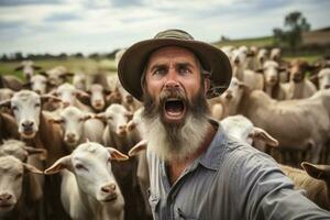 enojado agricultores confrontar un grupo de testarudo cabras en un corral con un escénico campo antecedentes y abierto espacio para texto foto