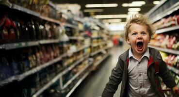 A young child throws a tantrum in a supermarket aisle causing chaos and frustration for their exhausted parent photo