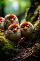 Closeup of angry birds protecting their nests in a lush forest background with empty space for text photo