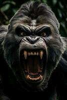 Close-up of a furious gorilla baring its teeth and glaring intensely in the wild photo