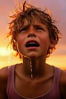 A close-up photo of a frustrated child with tears streaming down their face against a vibrant sunset gradient background