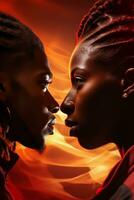 A close-up shot of two opponents fiercely confronting each other with vibrant red and fiery orange gradient background photo