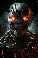 An animated robot clenches its fists in fury as sparks fly reflecting the intense anger in futuristic sci-fi scenes photo