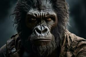 A close-up photo of a fierce and intense gorilla staring into the distance background with empty space for text