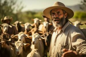 enojado agricultores confrontar un grupo de testarudo cabras en un corral con un escénico campo antecedentes y abierto espacio para texto foto