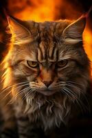 A close-up of a furious tabby cat glaring intensely against a fiery gradient backdrop photo