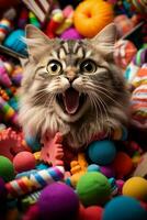 A close-up of a furious cat surrounded by scattered toys against a vibrant gradient background photo