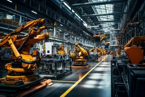 A chaotic factory floor showing malfunctioning robotic machines with an industrial backdrop providing empty space for text photo