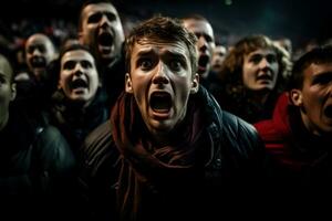 un multitud de furioso aficionados a un fútbol juego su intenso expresiones destacado en contra un antecedentes con vacío espacio para texto foto