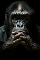 A close-up photo of a fierce and intense gorilla staring into the distance background with empty space for text