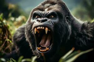 A close-up photo of a wild snarling gorilla with piercing eyes against a lush jungle background providing empty space for text