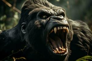 A close-up of an enraged gorilla baring its teeth and displaying dominant aggression in the wild photo