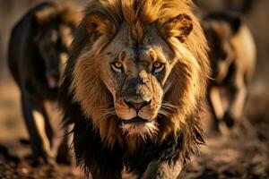 A fierce stare-down between a territorial male lion and a pack of hyenas fighting for a freshly killed wildebeest carcass photo