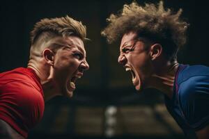 Close-up of a red-faced athlete shouting and pointing aggressively at a rival player expressing intense anger during a competitive game photo