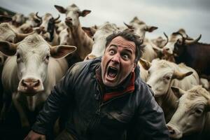 Frustrated farmers attempt to coax uncooperative livestock during a chaotic but comical interaction on the farm photo