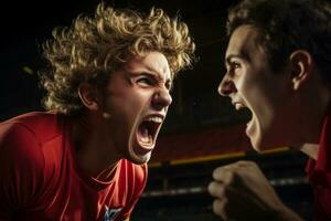 de cerca de un cara roja atleta gritos y señalando agresivamente a un rival jugador expresando intenso ira durante un competitivo juego foto