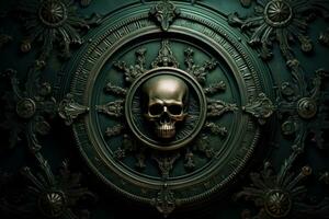 A menacing skull and crossbones carved in low relief on a dark green background offering room for captivating text photo