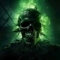 A sinister skull and crossbones emerge with an eerie glow on a mesmerizing green gradient background photo