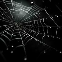 A close-up shot of an intricate spider web design in low relief on a dark monochrome background providing ample empty space for text photo