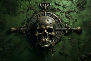 A menacing skull and crossbones emerge from a weathered green backdrop symbolizing danger and adventure photo