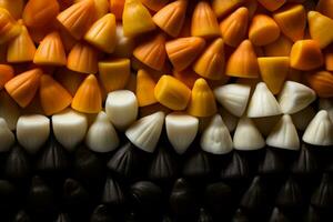 A close-up shot of candy corn patterns in low relief on a black gradient background with empty space for text photo