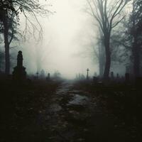 A haunting graveyard scene with tombstones and eerie trees background with empty space for text amidst the gloomy fog photo