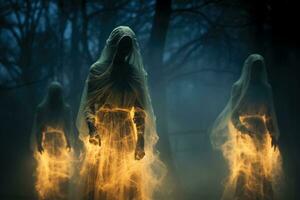 Ethereal spirits emerge from the shadows their haunting glow casting an otherworldly smoke-like aura photo