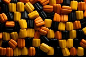 A close-up shot of candy corn patterns in low relief on a black gradient background with empty space for text photo