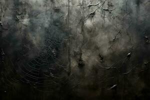 Intricate silver spider webs delicately intertwined casting shadows on a brooding charcoal background photo