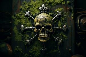 A menacing skull and crossbones emerge from a weathered green backdrop symbolizing danger and adventure photo