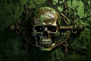 A menacing skull and crossbones emerge from a weathered green backdrop symbolizing danger and adventure photo